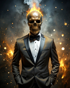 effect, photoshop action, realistic black gold skull with human body in tuxedo, fire, sparks, dust, explosion, smoke, sand, shadows, glow, glow, glare, light, slim, in style: serious, business, wise, quality xd, 