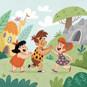 Main Flintstones characters Fred, Wilma, Barney, Betty, Pebbles, and Bamm-Bamm. Set in a colorful animated background, with playful poses and dynamic actions.