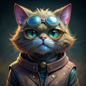 cat IN A LEATHER jacket, GLASSES, IN THE STYLE OF TIM Burton