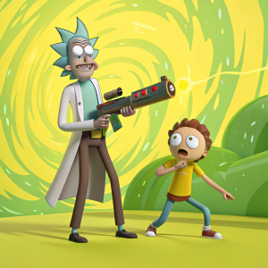In a hyper-realistic 3D animation, Rick and Morty from the show Rick and Morty are shown. Rick, muscular and tall, wields a futuristic weapon on the left. Morty, shorter, holds a large, futuristic weapon on the right. The scene is set against a vibrant yellow and green backdrop.