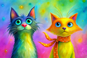 A cartoonish skinny hairy cat and dog with big round eyes, black ears and light brown fur.
they wears a red and blue scarf with white polka dots tied around his neck.
Their eyes are very expressive, giving a friendly and curious feeling.
The visible texture suggests that the work is painted on old wood background.
It is a very colorful and cheerful artistic painting