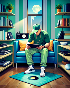 In a well-organized and decorated living room, a shaved-haired, fit German rapper is sitting on a blue sofa. His expression is serious and thoughtful as he looks at the vinyl records arranged on a shelf next to the record player. Wearing a green t-shirt and black pants, he wears a silver chain around his neck and white sneakers with gold details. Next to it, a yellow table stands out, providing a vivid contrast to the rest of the room. It is evident that he is immersed in his moment of musical c