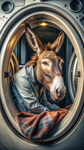  Realistic human, donkey,  and alien hybrid, sleeping, old washing machine,  poor punk outfit, skinny, 8K, best quality
