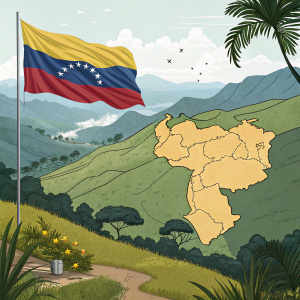 An enchanting landscape of Venezuela. Anzoategui State stands out in the east, glowing mysteriously. Nearby, the Venezuelan flag waves, representing the land's mystical heritage.