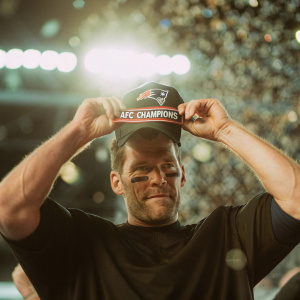 Tom Brady in a victorious pose, holding up his AFC Champions shirt. The background is a blurred sea of fans and bright stadium lights.
