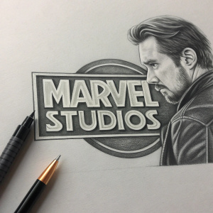 A detailed charcoal drawing of the Marvel Studios logo. Bold, modern font design. The background is a neutral grey.