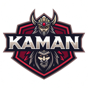Kaman logo featuring an emblem with fierce, angular design and mythical warrior motif. Bold, modern font surrounding the emblem. Dark metallic color scheme with strong, assertive aesthetic. Centered and symmetrical composition.