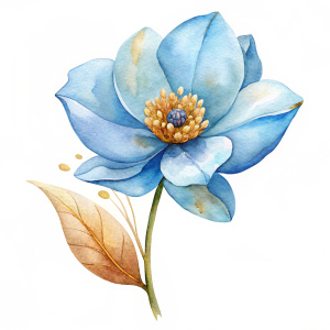 Watercolor clipart transparent stem of a pale blue flower with gold, on a white background
