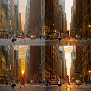 Dahyun, Chaeyoung, and Tzuyu from Twice. Dynamic live-action photoshoot in a bustling city street at sunset.