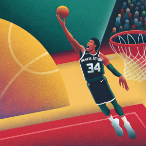 Giannis Antetokounmpo, mid-air slam dunk attempt. Greek Freak's black and white jersey, number 34 visible. Brightly lit basketball court with cheering crowd.