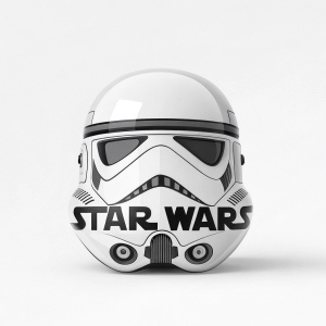 Egg-shaped stormtrooper helmet logo for Star Wars. Text below the helmet.