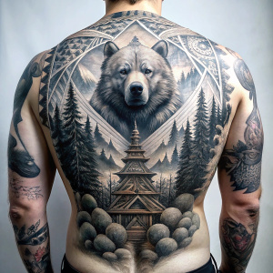 nordic bear - vegvesir - stairs -  trees - full back piece tattoo art design -grey and black - white background