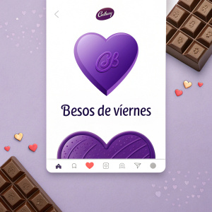 Cadbury Argentina ad on Instagram. Purple heart graphic. Spanish text 'besos de viernes'. Sidebar with user avatars and likes.