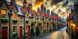 Street of a Victorian city. Evening. Stone houses with red tiled roofs, wooden window frames, wooden doors, smoke coming from two chimneys. There are Christmas decorations on the windows and doors of the houses. A handsome, slender young man in Victorian clothes, with a book in his right hand, stands on the road.