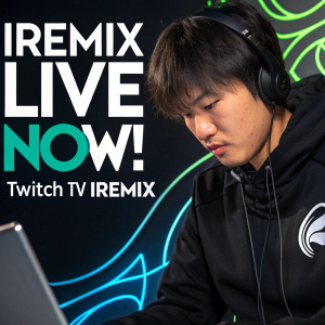 Young Asian streamer, Iremix, with intense focus. Wearing black hoodie with Team Liquid logo. Dark, abstract background with neon green and blue swirls. Promotional text: 'Iremix Live Now! Twitch.tv/Iremix'