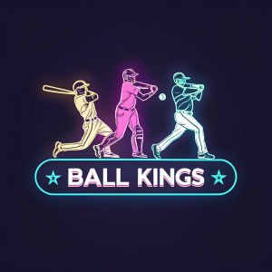 Logo for Ball Kings, a baseball league app. Features baseball players in dynamic poses. Dark background with neon highlights