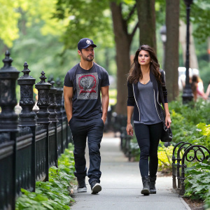 Taylor Lautner and Marie Avgeropoulos strolling through a vibrant city park. Taylor in a baseball cap and graphic t-shirt, Marie in a casual sporty outfit. Greenery and ornate iron fencing frame the scene.