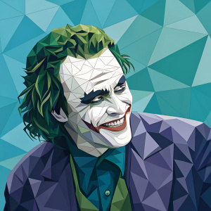 Digital illustration of The Joker from Batman. Pixel art technique, geometric shapes, mosaic style, featuring shades of blue and green.