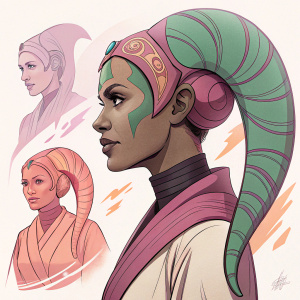 Concept art featuring a Twi'lek woman from Star Wars. Diverse poses and expressions. Pink, green, and orange color scheme. Detailed head-tails design.