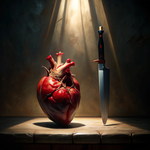 Crea una pintura de claroscuro inspirada en el estilo de Caravaggio. La composición debe presentar un corazón humano atravesado por un cuchillo, representado con dramáticos contrastes de luces y sombras. El fondo debe ser simple y discreto, asegurando que la atención permanezca en las intensas y evocadoras imágenes centrales. El ambiente general debe ser a la vez sombrío y conmovedor, capturando la emoción cruda y la intensidad típicas de las obras de Caravaggio.