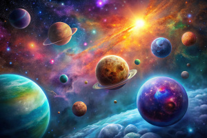 214) Space landscape. Unreal cosmic landscape: colorful nebulae, planets and spheres
