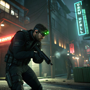 Screenshot from Splinter Cell: Conviction. Sam Fisher, dark suit, stealth mission. Dimly lit, urban setting with neon lights.