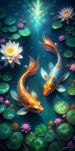 2 coi fish with small fishes around them in a pond with lotus flowers, image is from above and outside