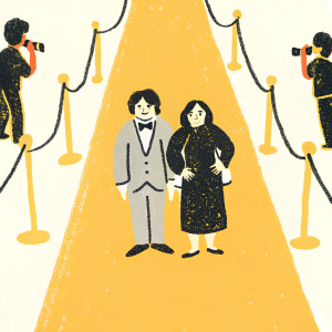 Peter Dinklage and Erica Schmidt at an awards ceremony. Peter in a grey suit. Erica in a black satin dress. Red carpet, flashing cameras.