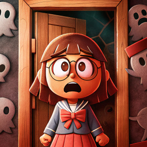 Lotte Yanson, a character from Little Witch Academia, in a state of worry. Dressed in her academy uniform. Dark background with eerie, ghostly figures nearby.