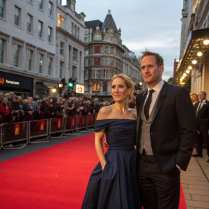Gillian Anderson and Mark Griffiths at BAFTA film premiere, London. Gillian in an elegant off-shoulder gown, Mark in formal suit. Crowds cheering, ornate London buildings visible
