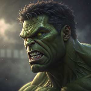 Intense close-up of The Hulk's face. Fierce expression, glowing green eyes, sharp teeth, detailed musculature. Dark, moody background.