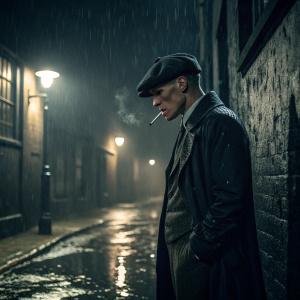 Tommy Shelby from Peaky Blinders, smoking a cigarette in a gritty alleyway at night. Dark and moody scene with rain and shadows. Focus is on Tommy's intense expression.