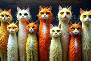 Stylized hairy feral cats with elongated bodies and large, expressive eyes, standing in a row. Each of them has a different color and size.
They are artistically represented, with long, thin bodies, and large, round eyes.
One is tall yellow that stands out in the center.
Another smaller orange-red on the right.
Their eyes are disproportionately large compared to their bodies, giving them a cartoonish appearance.
The background is darkand features raindrops falling vertically