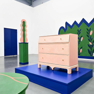 Please generate a space for Henri Matisse's furniture bureau with unusual furniture