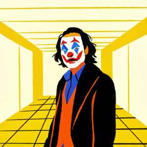 3D digital illustration of Joaquin Phoenix as Joker. Red and white face paint, standing alone in stark white room.