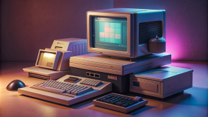 Genera una imagen de un computador de la cuarta generación (1971-1989). Muestra un computador personal (PC) que utiliza microprocesadores. Incluye una mesa de trabajo con una computadora de escritorio, teclado, monitor de tubo de rayos catódicos (CRT) y disquetes. El entorno debe reflejar un espacio de oficina o un hogar con tecnología emergente