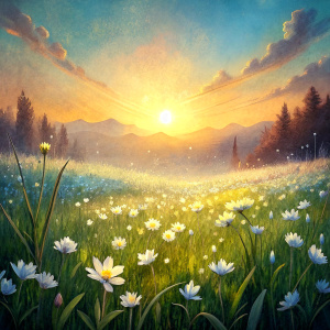 Vintage Old, Spring Meadow with small white Flowers with the Sunrise in the background. Photo Realistic