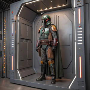 High-tech display featuring Boba Fett costume replica from The Book of Boba Fett. Gray metallic backdrop with glowing edges.