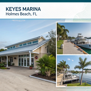 Homepage for Keyes Marina, Holmes Beach, FL. Features images of the marina's exterior, details about ongoing renovation, and information about the project's seamless completion without disrupting business operations. Includes logo and contact info.