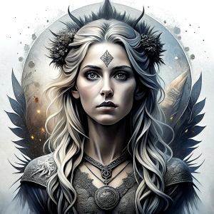 Saga, The Seer - Nordic Goddess of Sagas & Myths perfect realistic art, high-definition grey and black, white background tattoo design