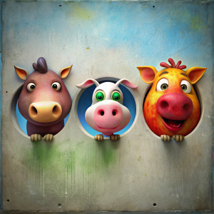 2d, un cerdo una vaca y una gallina en fila, cada uno en un hueco en una pared, fondo blanco, colores vivos.
