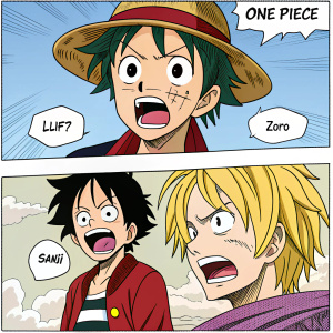 Comic panel from One Piece. Luffy, Zoro, and Sanji in various dramatic poses, expressions convey urgency and surprise. Each frame contains vivid action and dialogue. Stylized artwork with large expressive eyes and mouths.