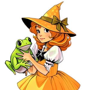 lovely preteen witch holding small frog in her arms, Norman Rockwell painting style