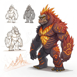 Concept art for 'Monster Island' animation. Various stages of character development from rough sketches to detailed 3D model. The creature is strong and fearsome with fiery patterns. The artwork showcases vibrant colors and intricate designs.