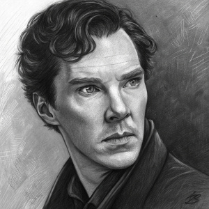 Charcoal portrait of Benedict Cumberbatch, intense eyes, sharp facial features. Textured background