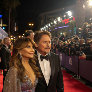 Paula Abdul and Emilio Estevez at a glamorous movie premiere. Crowded event with spotlights and paparazzi