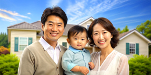 Portrait of a Korean family with parents and their young toddler kid at happy home