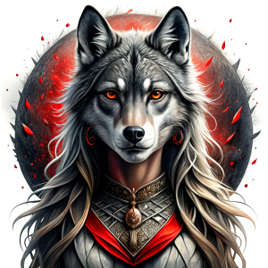 Nordic Godness Ylva She-Wolf - perfect realistic art, high-definition grey and black, white background tattoo design