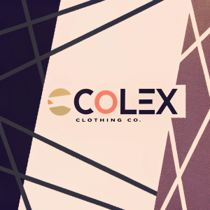 COLEX Clothing Co. logo design. Modern, minimalist, abstract geometric shapes and sleek typography. Color scheme: black, white, and accent navy blue.