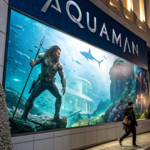 Promotional billboard for the upcoming movie 'Aquaman'. Starring Jason Momoa in action-packed underwater scenes.